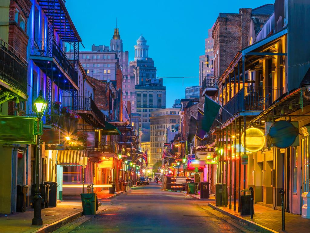 Pubs and bars with neon lights in the French Quarter, New Orleans USA