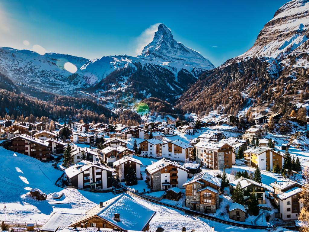 Zermatt and Matterhorn snowcapped mountains and villages in winter