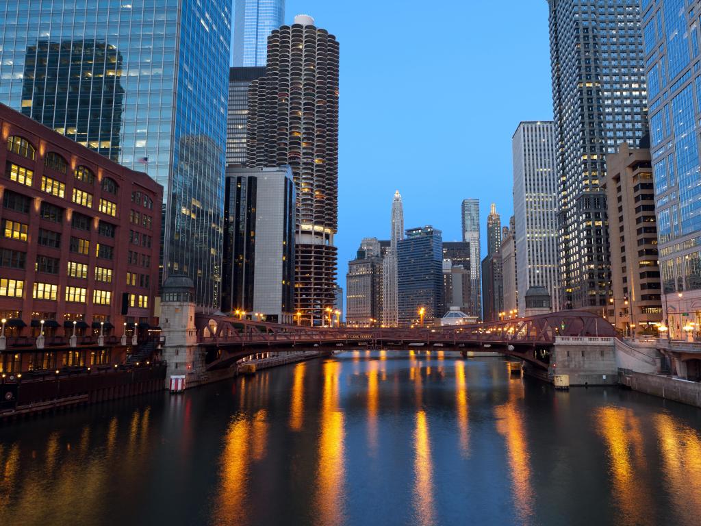 Chicago, USA taken at the city downtown riverfront at sunset.