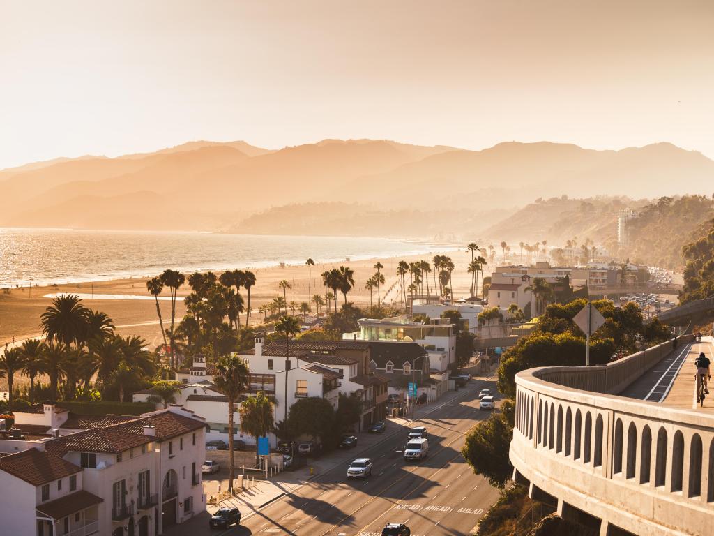 Santa Monica, California, USA taken at sunset in Santa Monica, view on beach, pacific ocean and highway.