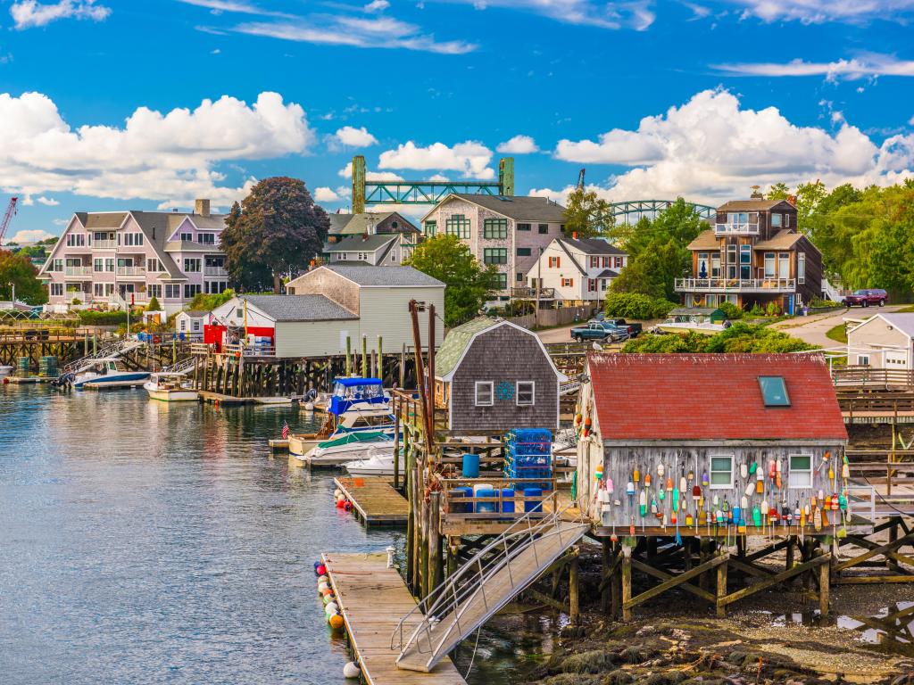 Fish bait shacks on the Piscataqua River, Portsmouth, New Hampshire, USA 