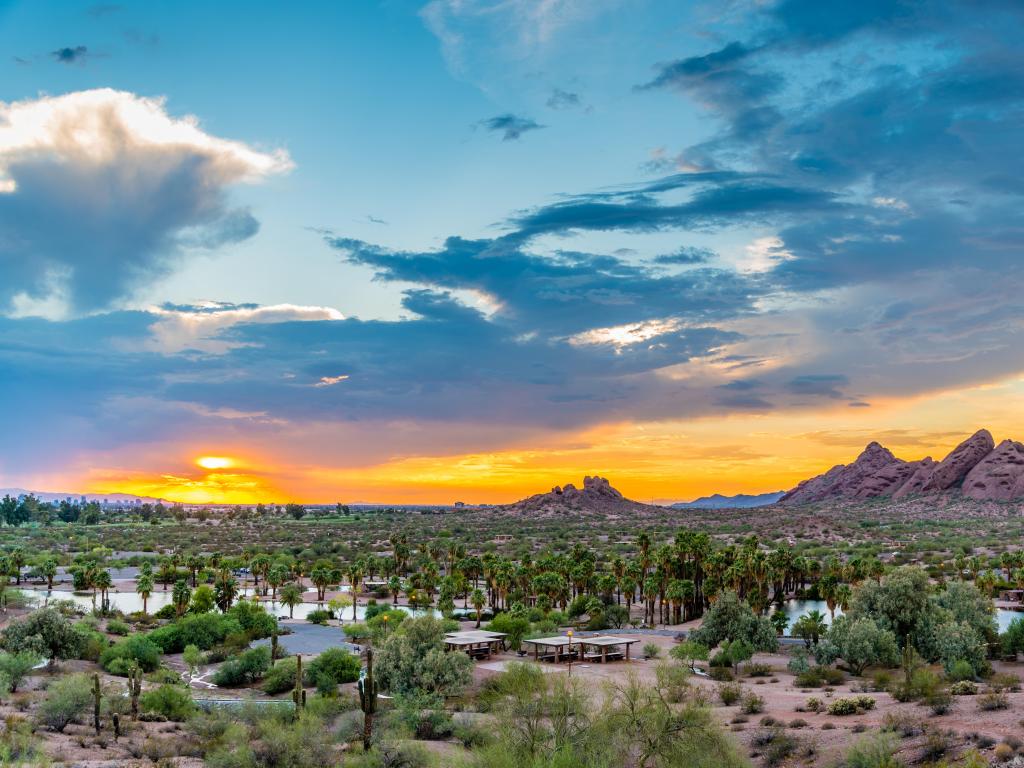 Papago Park in Phoenix, Arizona, USA with a sun set over the desert landscape. 