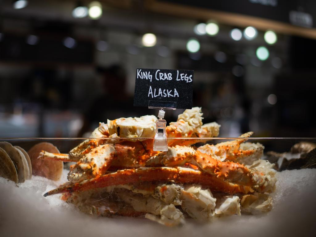 Alaskan king crab legs sold at Chelsea Market in Manhattan, New York City