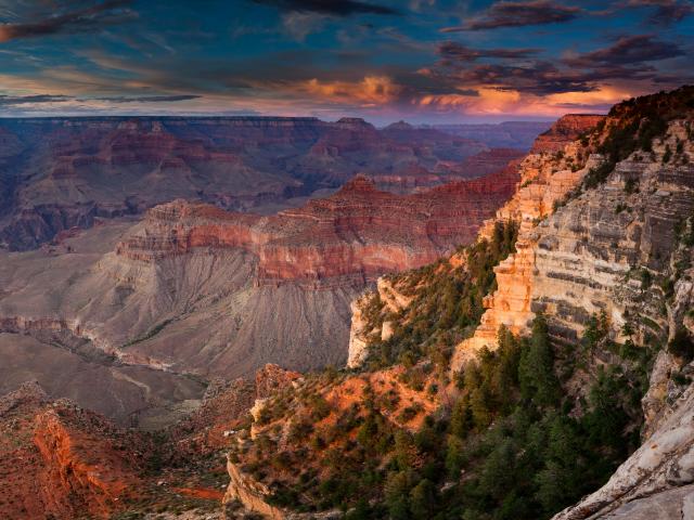 View  down into the Grand Canyon at sunset.