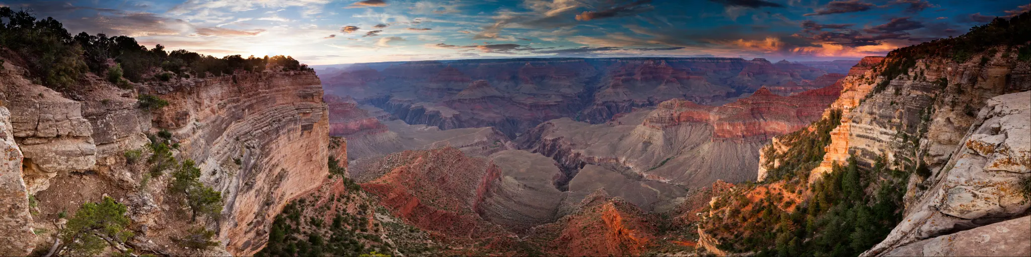 View  down into the Grand Canyon at sunset.