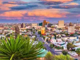 El Paso, Texas, USA downtown city skyline at dusk with Juarez, Mexico in the distance.