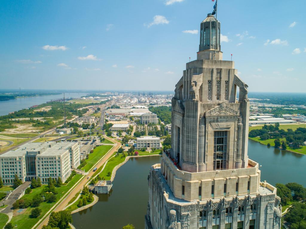 Baton Rouge, Louisiana, USA with an aerial closeup of the Louisiana State Capitol Building and welcome center in Baton Rouge