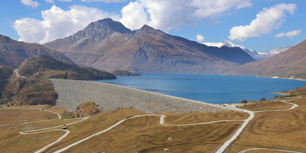 Winding roads and lake on the Col du Mont Cenis, France/Italy