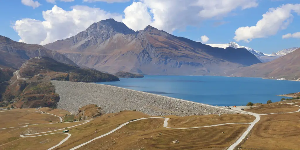Winding roads and lake on the Col du Mont Cenis, France/Italy