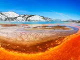 Vibrant colors of the Midway Geyser Basin at Yellowstone National Park, with snowy mountains in the background
