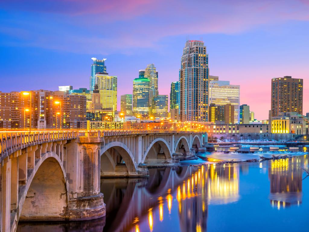 Minneapolis downtown skyline in Minnesota, USA at sunset