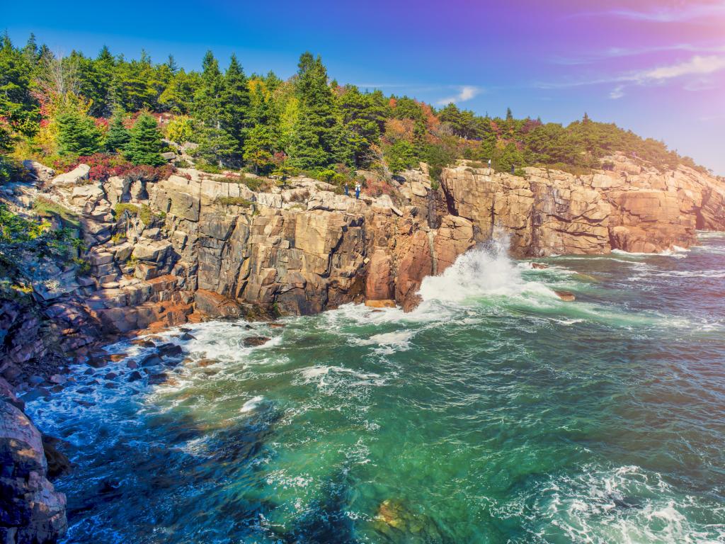 Acadia National Park, Maine with the coastline below cliffs and the forest above with a blue sky and the sun starting to set.