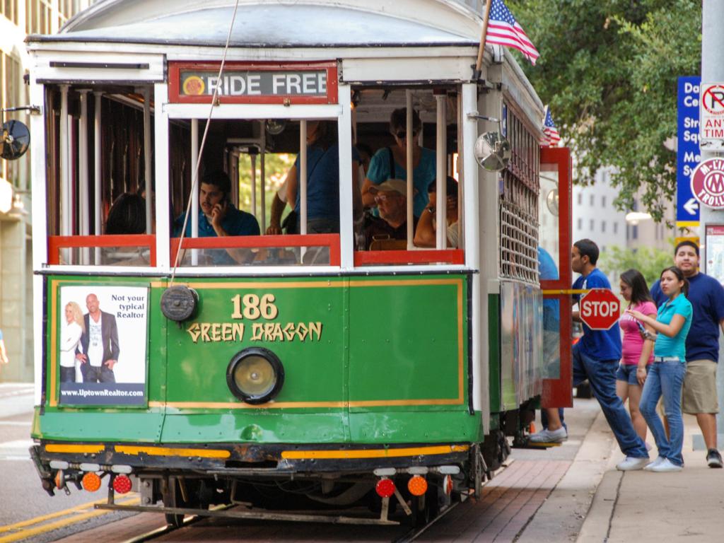 People boarding the McKinney Avenue trolley in Dallas, Texas