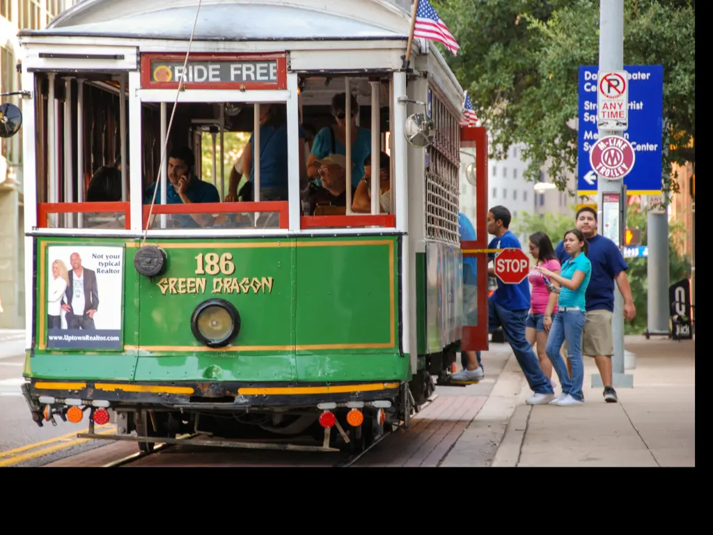 People boarding the McKinney Avenue trolley in Dallas, Texas