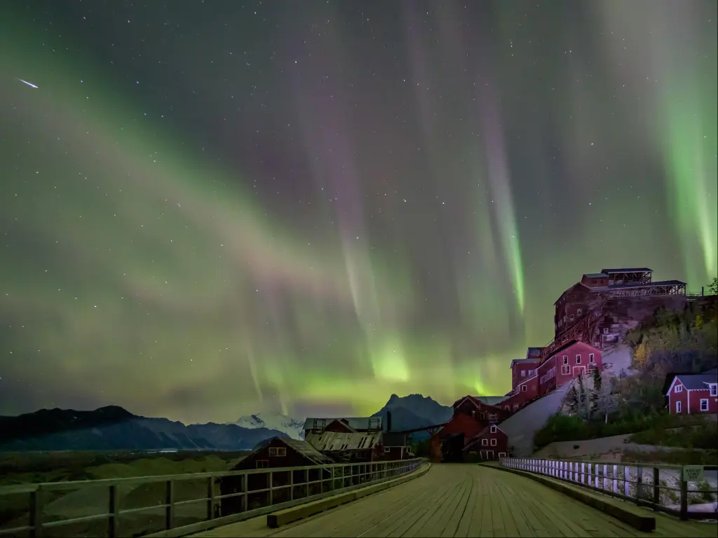 Northern lights over Kennicott Mill building, St Elias National Park in Alaska.