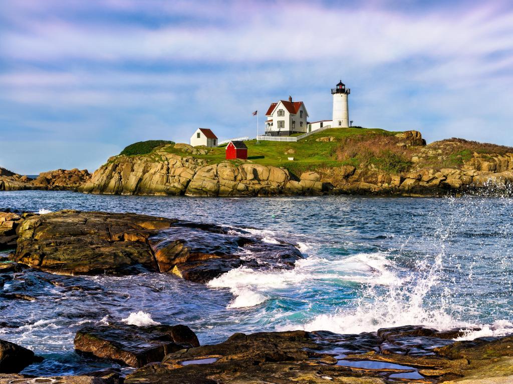 Nubble Lighthouse, York, Maine, USA taken on a sunny day with sea all around the island. 