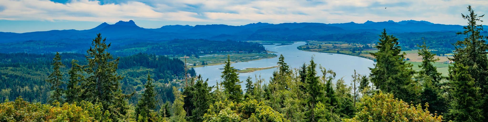 Panoramic view of Youngs River from Coxcomb Hill, Astoria, Oregon, with lush greenery and farmland set against a mountain backdrop