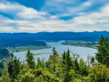 Panoramic view of Youngs River from Coxcomb Hill, Astoria, Oregon, with lush greenery and farmland set against a mountain backdrop