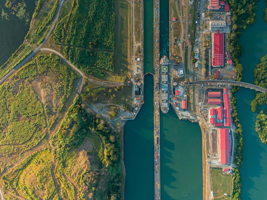 Aerial bird's eye view of the Panama Canal 