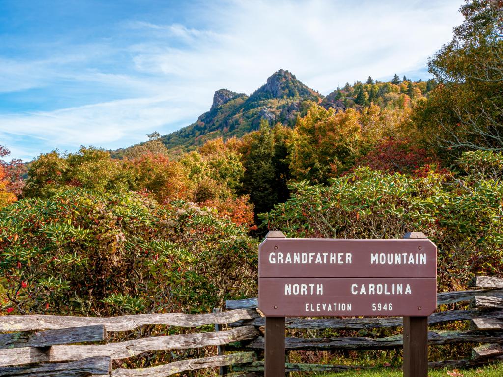 Grandfather Mountain State park in fall season with a sign indicating the where the overlook is located
