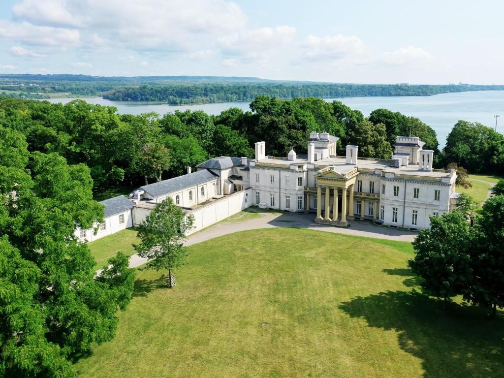 An aerial view of Dundurn Castle in Hamilton, Ontario, Canada