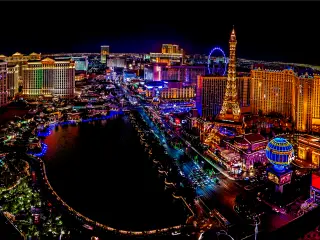 A bird's eye view of the Las Vegas Strip at night with the magnificent sight of city lights in Las Vegas, Nevada