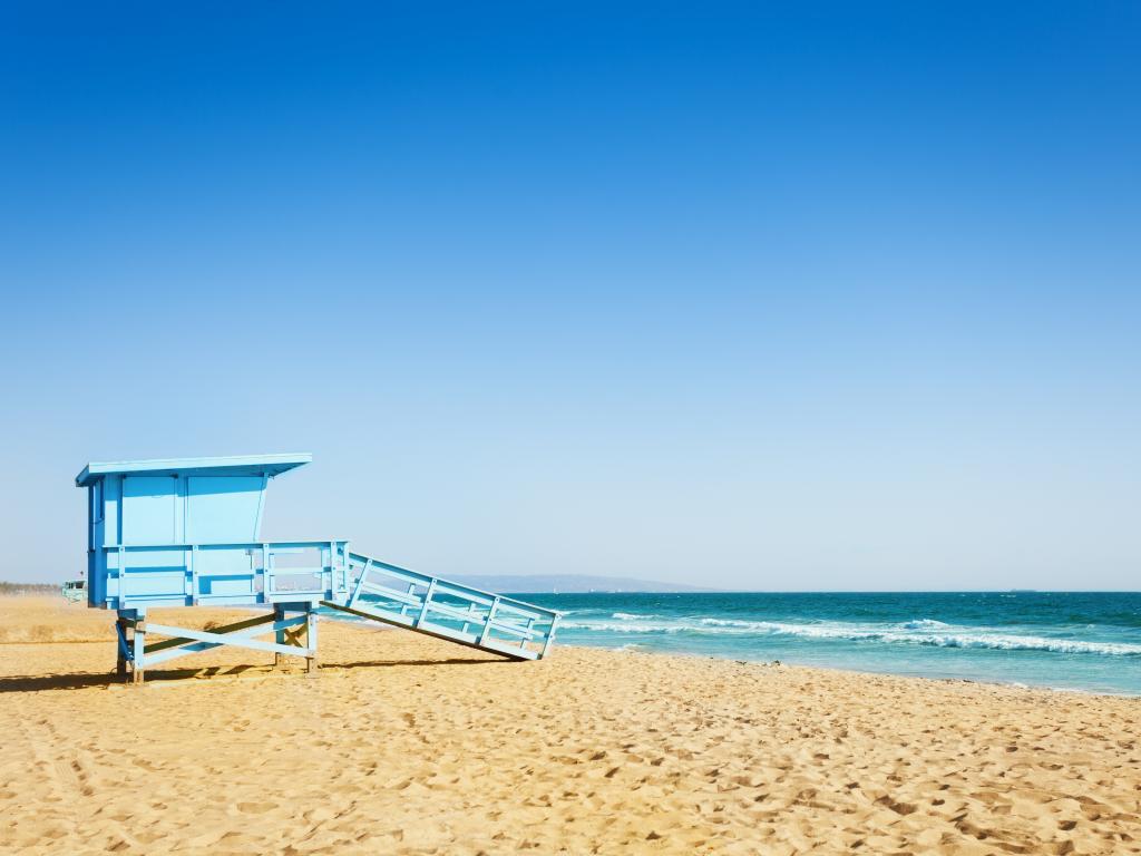 The iconic lifeguard tower on a perfect weather day on the beach in Santa Monica, Los Angeles