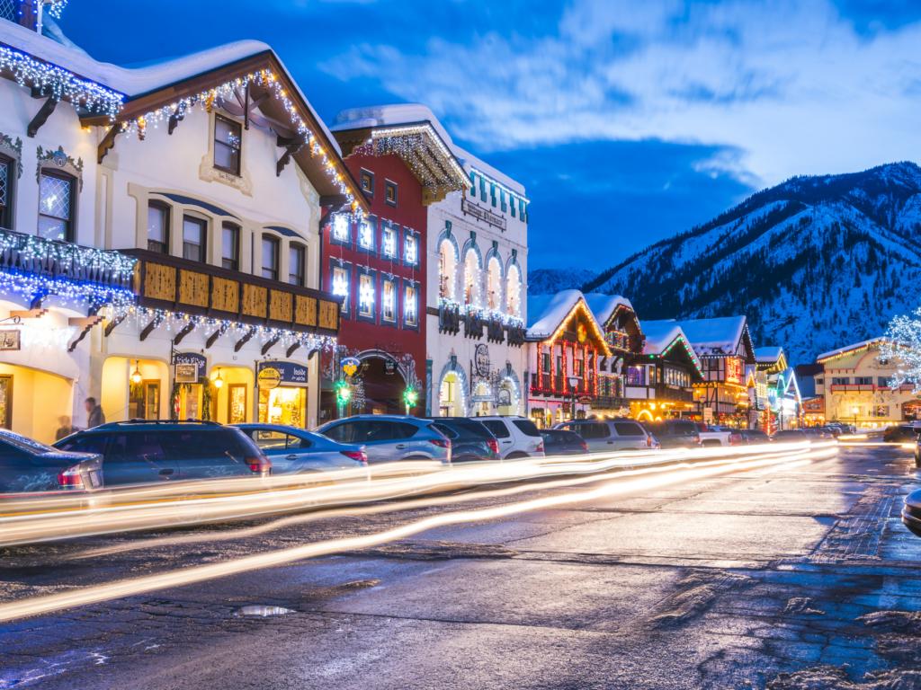 Christmas lights decorate the Bavarian village of Leavenworth in Washington State