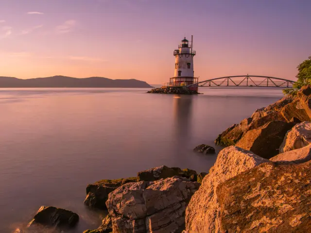 Sleepy Hollow lighthouse, in New York State's Hudson Valley, viewed at sunset