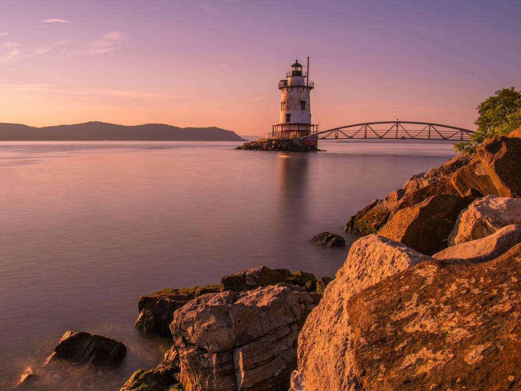 Sleepy Hollow lighthouse, in New York State's Hudson Valley, viewed at sunset