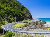 View of the winding route weaving along the coastline of Great Ocean Road, Victoria, Australia