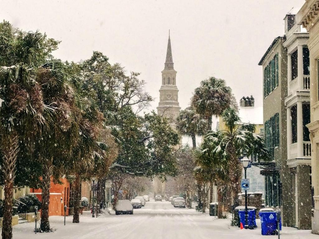 A snow-covered street in Charleston, South Carolina.