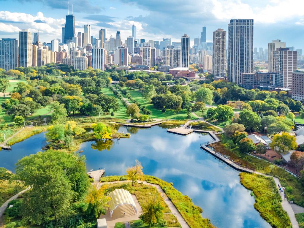 Chicago skyline aerial drone view from above, lake Michigan and city of Chicago downtown skyscrapers cityscape bird's view from park, Illinois, USA