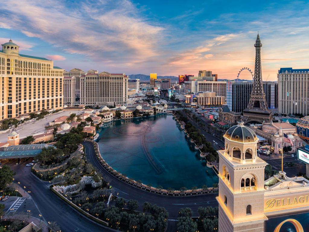 Las Vegas, USA taken with a wide angle view of the Las Vegas Strip and city skyline at sunrise.