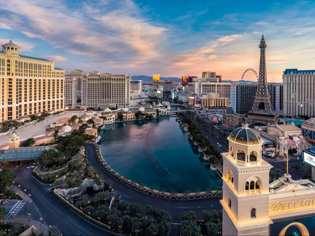 Las Vegas, USA taken with a wide angle view of the Las Vegas Strip and city skyline at sunrise.