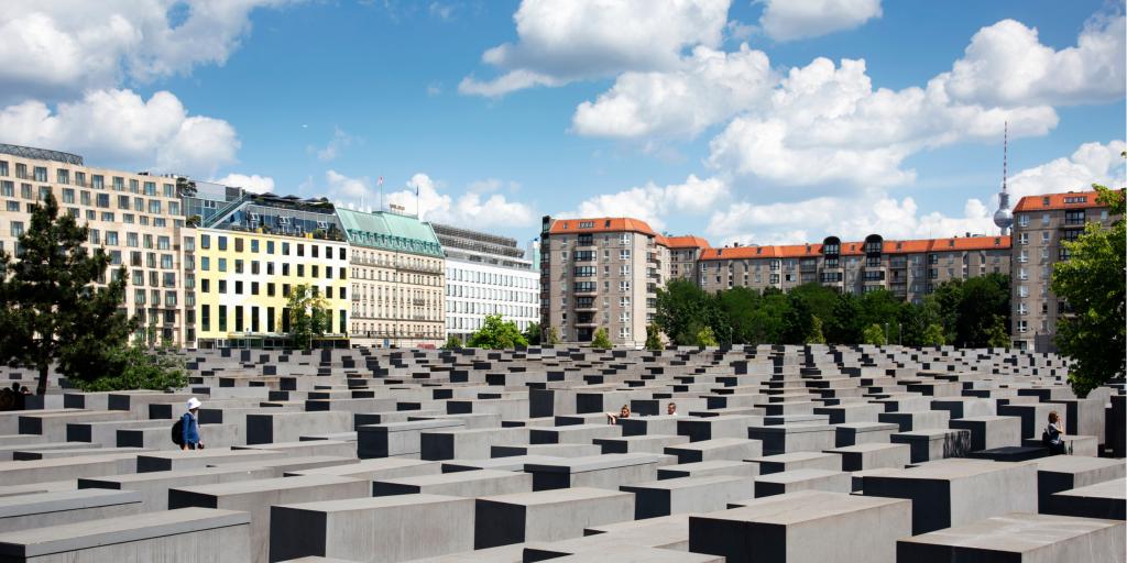 Visitors at the Memorial to the Murdered Jews of Europe, also known as Holocaust Memorial, in Berlin, Germany