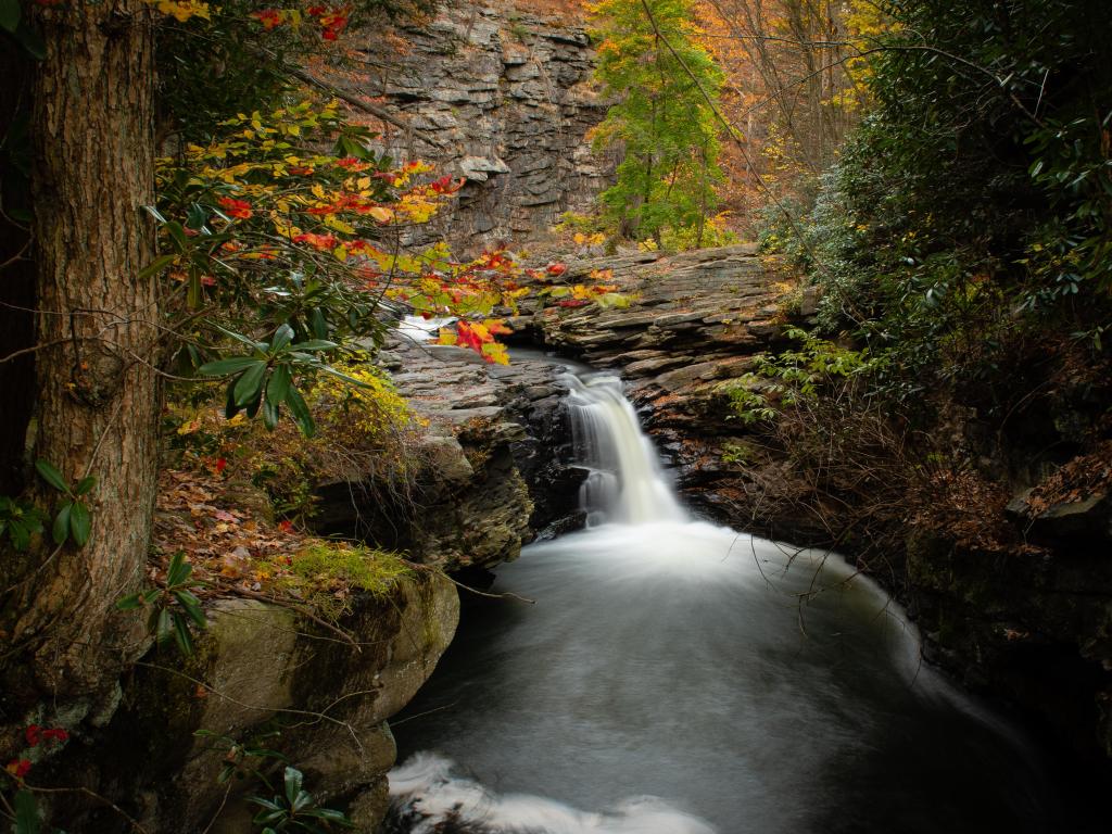 Nay Aug Gorge in Scranton on a fall day, a waterfall surrounded with fall foliage