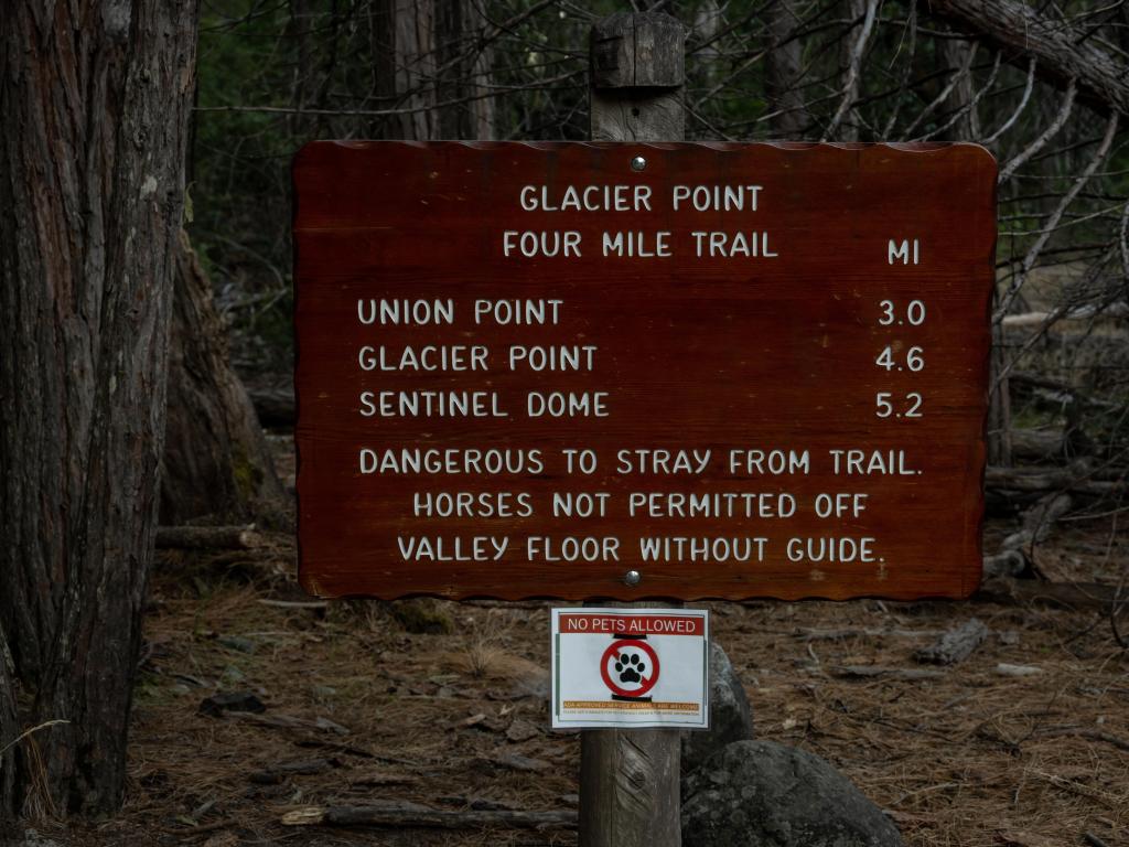 Distance Sign at the Four Mile Trail toward Glacier Point in Yosemite National Park