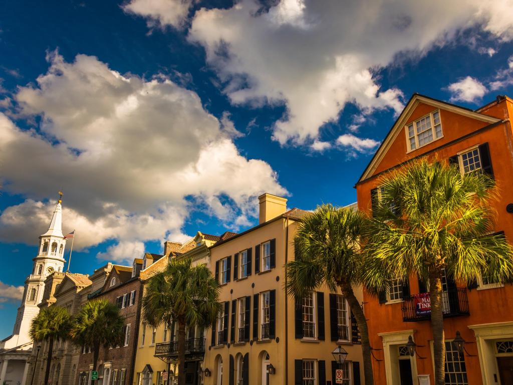 Colorful buildings with ornate dark shutters and palm trees in front on Broad Street, Charleston