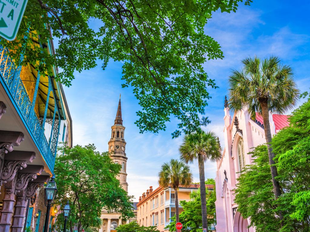 COlourful streetscape with palm trees