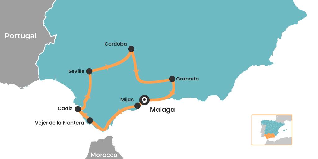 Andalucia road trip starting and ending in Malaga - map