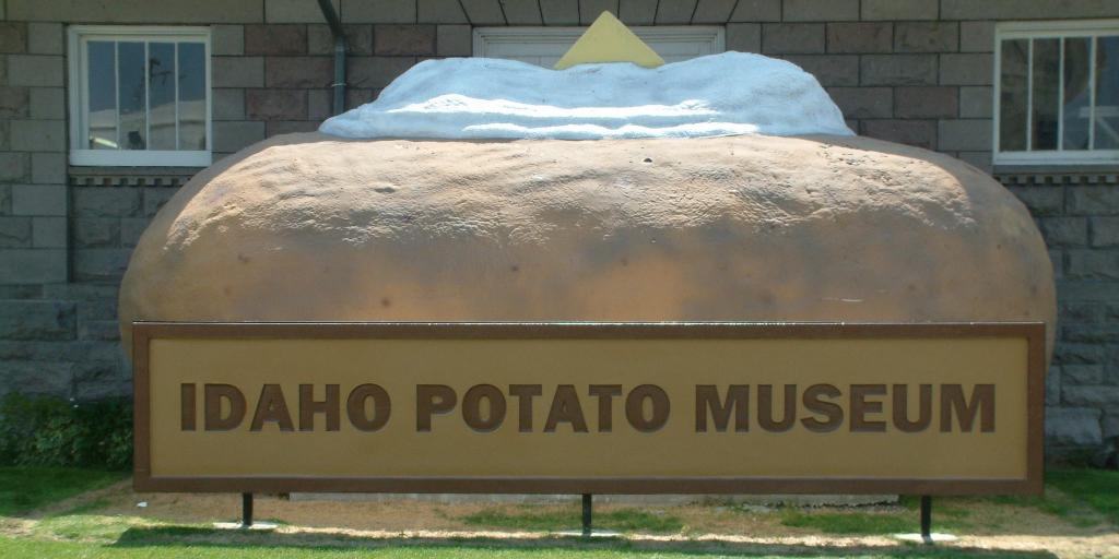 Sculpture of a baked potato in front of the Idaho Potato Museum in Blackfoot, Idaho