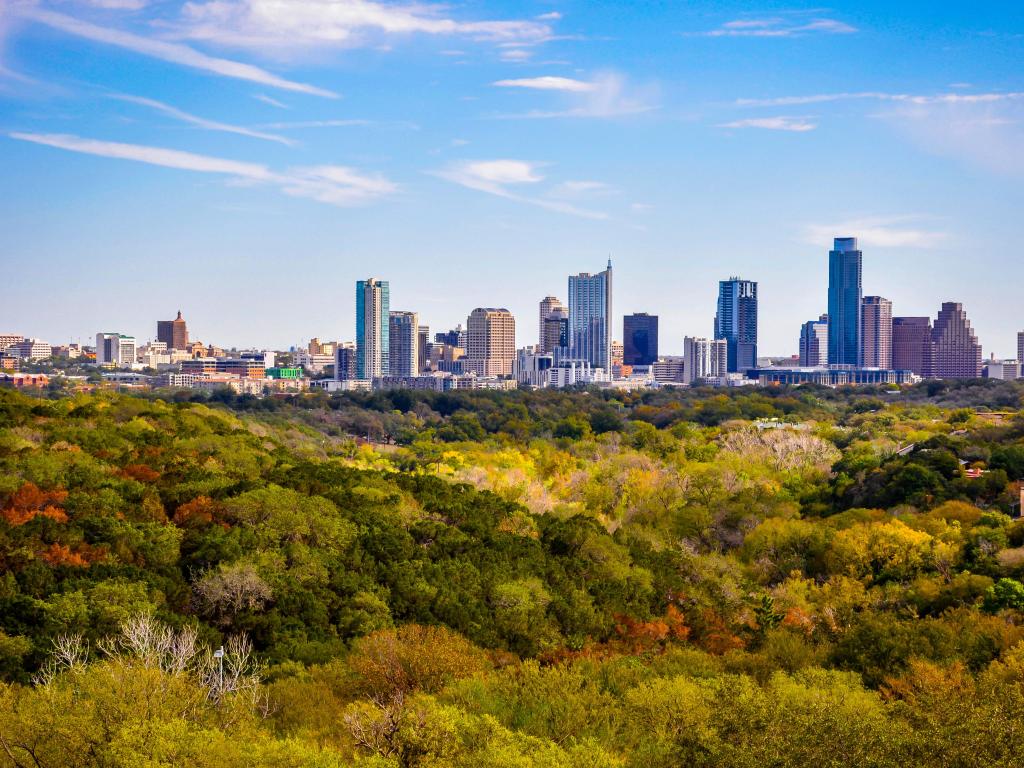 Austin, Texas, USA with a view of the fall greenbelt overlook skyline view of the city in the distance. 