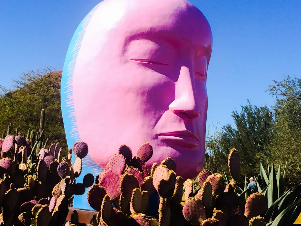 An abstract face sculpture painted in blue and pink, standing among cacti on sunny weather