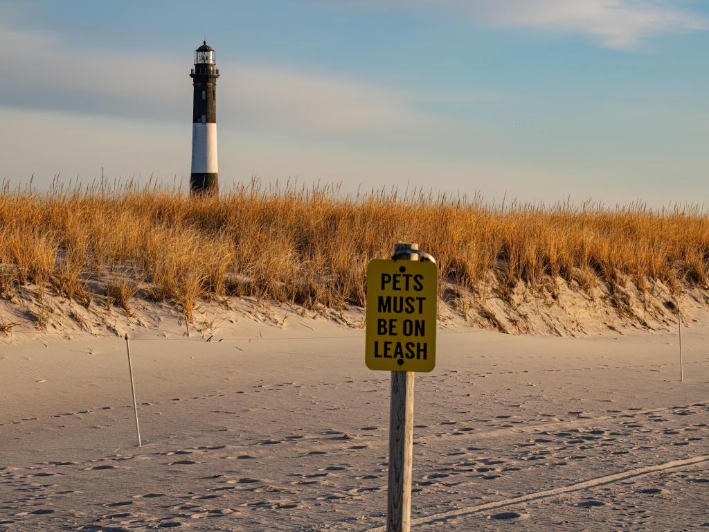 Sign warning to keep pets on leash on the beach
