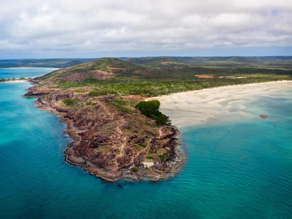 Aerial photo of the coastline of Cape York Tip, Northern Australia, surrounded by turquoise ocean