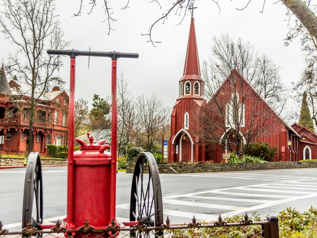 Red Church on Washington Street in historic downtown on a cloudy, wet spring afternoon