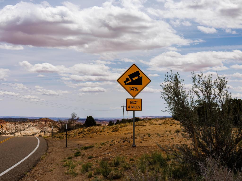 Yellow traffic sign indicating a 14% slope on the road, cloudy day