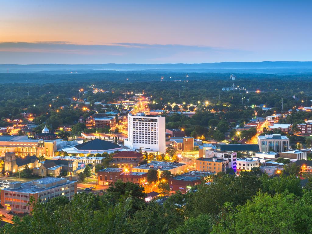 Hot Springs, Arkansas, USA town skyline from above at dawn.