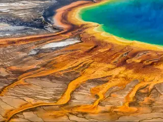 Grand Prismatic Spring in Yellowstone National Park, Wyoming, USA taken as a view from above.